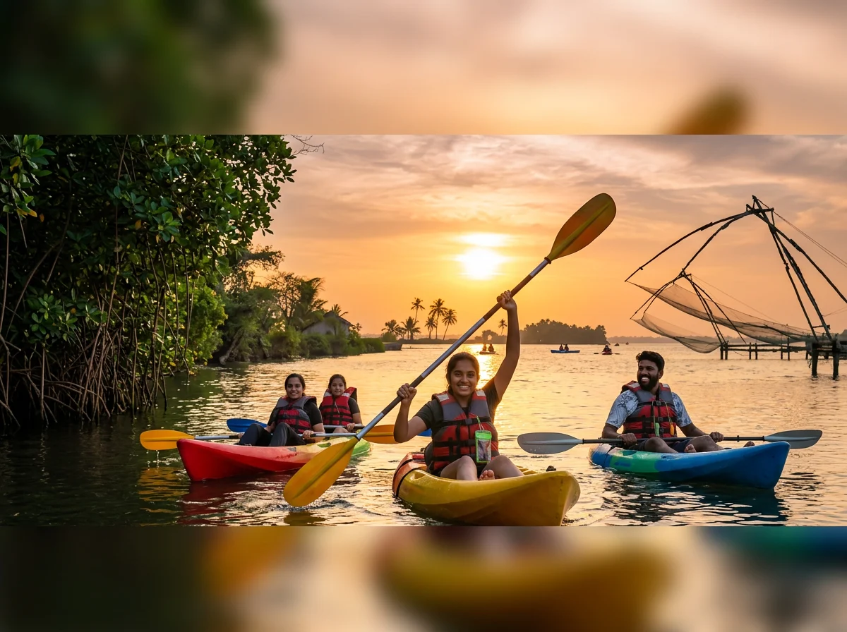 Kayaking Kochi — paddlers and colourful kayaks on Kadamakkudy backwaters near Kochi, Kerala
