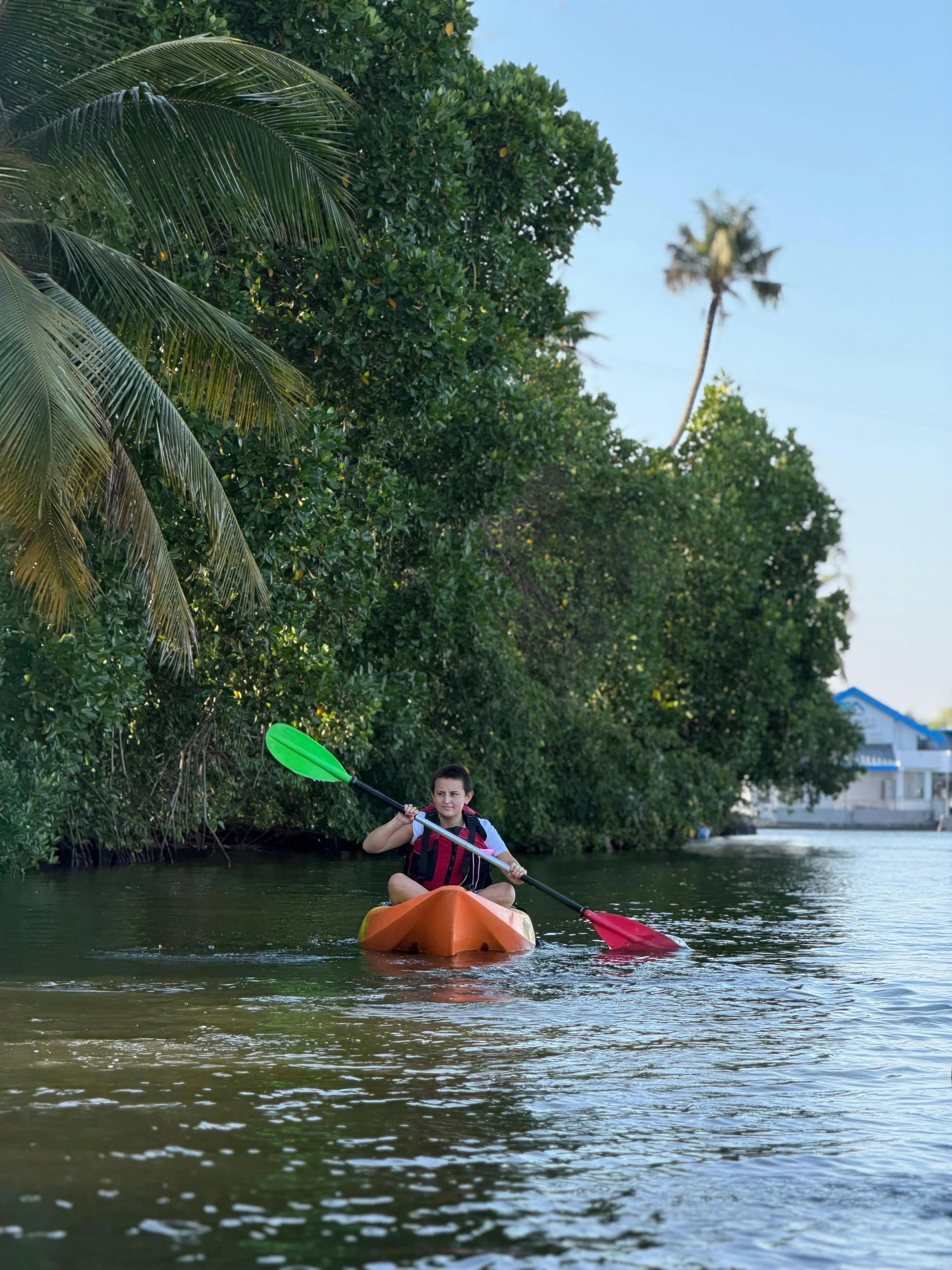 Silhouette of kayaker raising paddle at sunset on Kerala backwaters